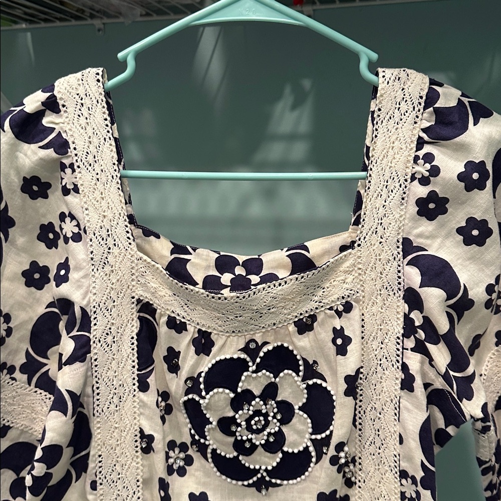 Tory Burch Cream and Navy beaded Floral Blouse - Picture 4 of 6
